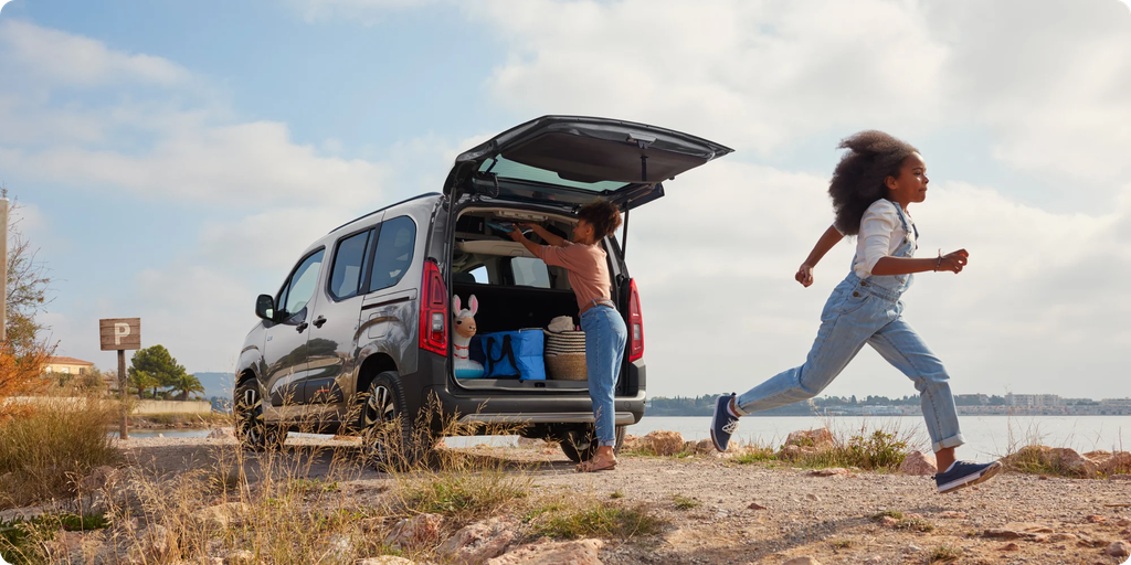 Rear view Berlingo with open boot highlighting easy loading access, practicality, safety and confident active family use