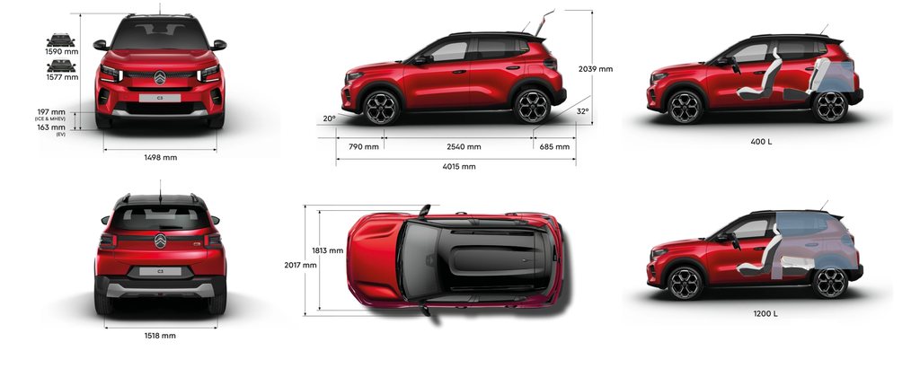 Multi‑angle view of Citroën C3 compact SUV showing full exterior dimensions and boot capacities for practical, versatile and affordable mobi