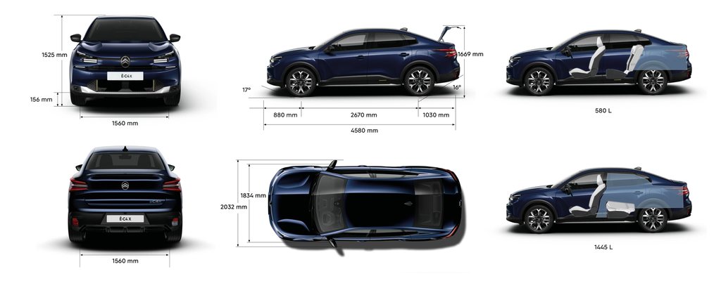 Image showing the Citroën C4 X from multiple angles with annotated exterior and interior dimensions