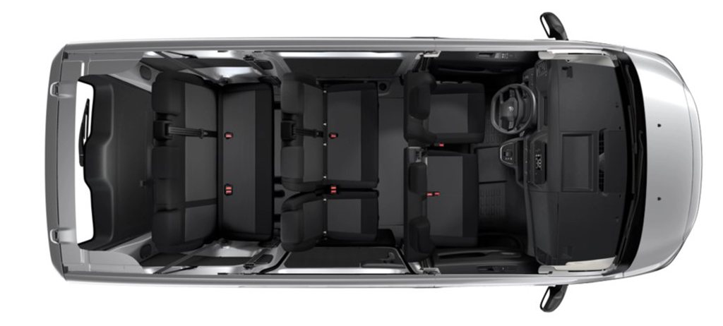 A Citroën SpaceTourer utasterének felülnézeti képe, több üléssoros elrendezéssel és rugalmasan variálható konfigurációval.