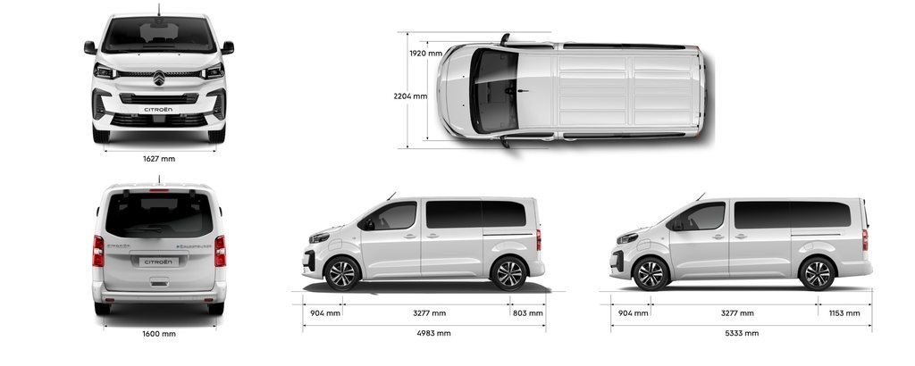 Image showing Citroën SpaceTourer front, rear, side and top views with exterior dimensions indicated