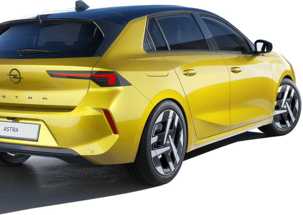 Sárga Opel Astra hátulsó és jobb oldalnézetből