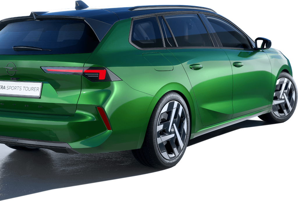 Zöld Opel Astra Sports Tourer hátulnézetből és jobb oldalnézetből fekete keréktárcsákkal és tetővel