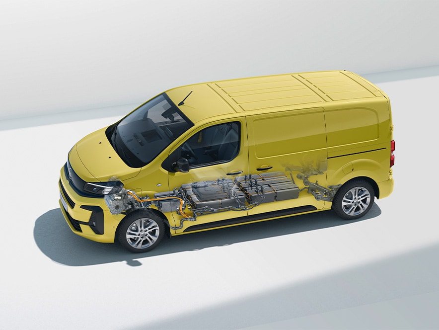 Az új Opel Vivaro Electric röntgenképe, amely megmutatja az elektromos motort